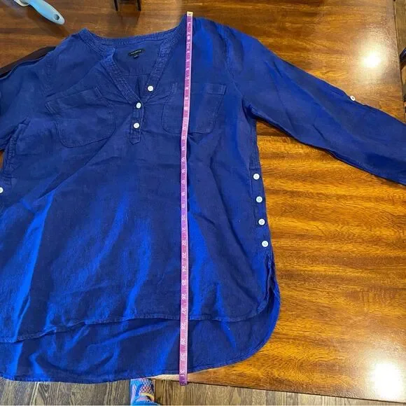 Talbots side button linen band collar popover large 100% linen tunic blouse top - Picture 12 of 14